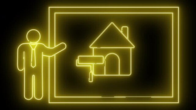 Neon yellow outline figure presenting house icon with paint roller in frame on black background