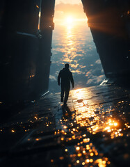 Man walking toward a bright future, futuristic gateway to new possibilities, striving for success, conceptual ambition, overcoming challenges, hope and inspiration