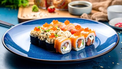 Close-up of sushi rolls on a blue plate, featuring varied toppings and salmon