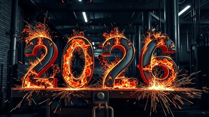 Bold 2026 graphic with fiery glow and industrial setting creates anticipation and excitement for the new year's future possibilities and celebrations