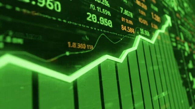 Glowing green financial chart with data in the background, ascending trend - Powered by Adobe