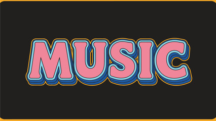 The word music in pink and blue retro font on a black background