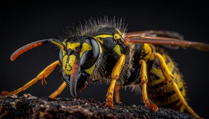 Close-up view of a wasp, highlighting its detailed body structure and striking yellow stripes