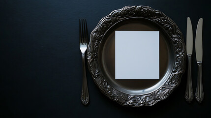 Elegant silverware and a blank card sit atop a decorative plate against a dark backdrop, inviting creativity and anticipation for a formal event.