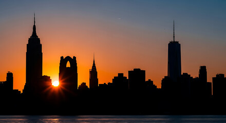Obraz premium Cityscape at Sunset Silhouette of New York City Icons against the Horizon