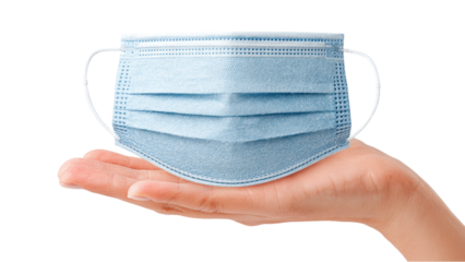 Hand Holding Blue Surgical Face Mask on White Background