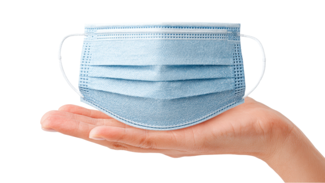 Hand Holding Blue Surgical Face Mask on White Background