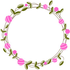 Round picture frame decorated with beautiful flowers and leaves.