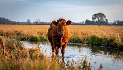 Cow wading in water in golden field.