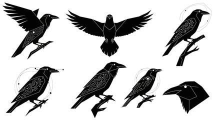 Striking black raven silhouettes with intricate circuit board patterns and geometric designs, evoking mystery and modern tech