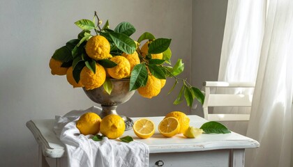 A still life of lemons in a tarnished silver bowl on a white table
