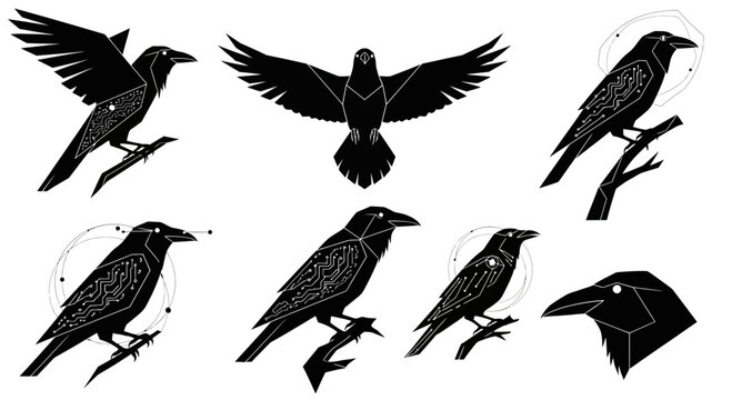 Striking black raven silhouettes with intricate circuit board patterns and geometric designs, evoking mystery and modern tech