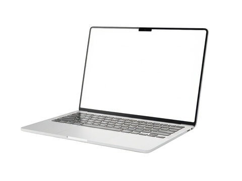 Modern silver laptop with blank white screen isolated on black studio backdrop transparent background