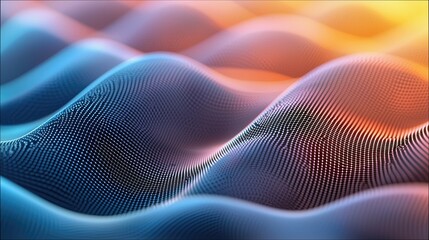 A close-up view of a 3D abstract waveform pattern with a gradient color scheme, transitioning from blue to orange.