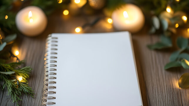 A blank notebook sits amidst festive foliage and warm candlelight on a wooden surface, ready for holiday memories, plans, or creative ideas. A cozy ambiance for reflection.