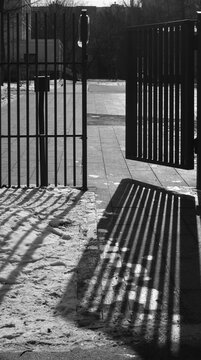 Open gates cast long shadows on a snowy path