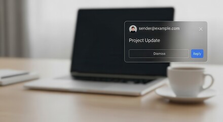 Digital notification window appears over a muted workspace featuring a portable computer and a beverage cup