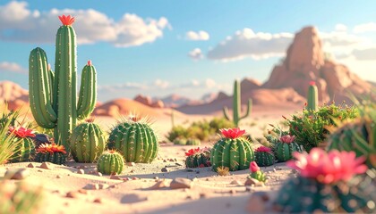 Cacti bloom in desert landscape under sun.