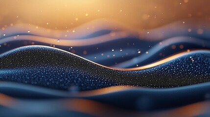 An abstract image featuring flowing wave-like shapes with a textured surface, covered in sparkling particles. The background has a warm, golden bokeh effect.