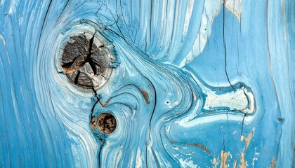 Close-up of weathered, painted wood with knots and a textured, abstract, blue surface