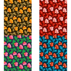 Four vibrant floral patterns with colorful blooms and green leaves