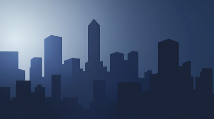 Fototapeta premium Cityscape silhouette at dusk, silhouetted skyscrapers against a gradient sky, creating a minimalist and modern skyline. The cool blue tones evoke a sense of urban calm.