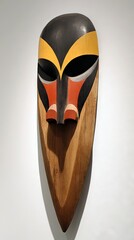 A close-up shot of an abstract, wooden mask with a painted design, displayed against a white wall. The mask has a stylized face with black, yellow, red, and whi