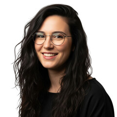 Obraz premium Young woman with dark wavy hair and glasses smiling warmly wearing a black top isolated on transparent background