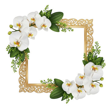 White orchid floral golden frame isolated on transparent background