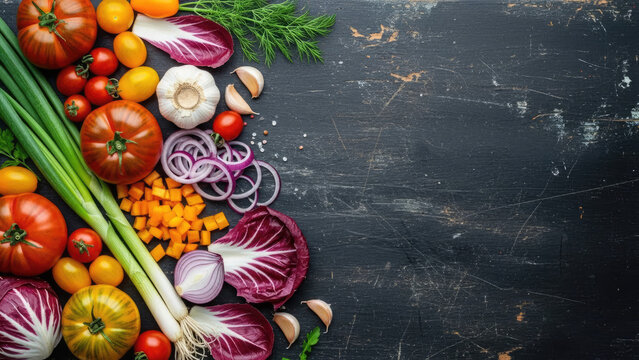 Fresh Assortment of Vibrant Vegetables on a Dark Rustic Surface.