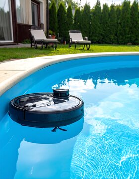 Robot pool cleaner floats near poolside with lawn chairs in background