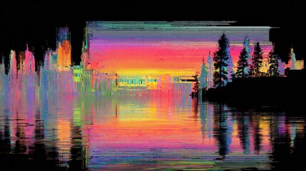 Abstract art landscape with vibrant sunset over a lake and reflected trees silhouette