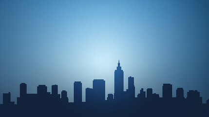 Naklejka premium Blue cityscape silhouette featuring various modern buildings under a serene sky. A tranquil urban landscape, evoking a sense of calm and sophistication. Minimalist city view.