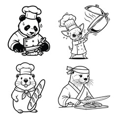 Animal Chefs Cooking Icons Vector Line Art Set