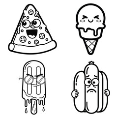 Funny Comic Food Characters Set Black White