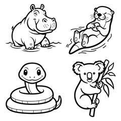 Naklejka premium Cute Animal Character Set Hippo Otter Snake Koala