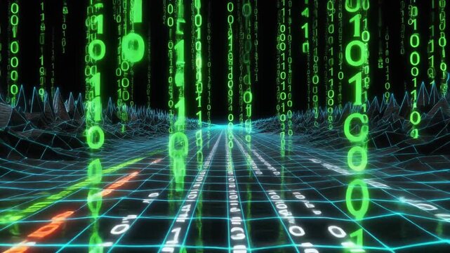 Streaming Data, Binary Code Moving on a Digital Grid, Abstract Futuristic Technology Background