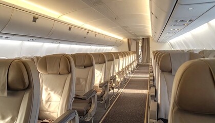 Airplane cabin interior with empty seats.