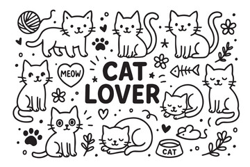 A simple monochrome vector backdrop with doodle cat themed icons, including cute outlines of kittens, paw prints, fish bones, and hearts, forming a fun and seamless pattern for cat lovers.