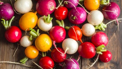 Close-up view of fresh, colorful radishes of various sizes and hues on a wooden surface
