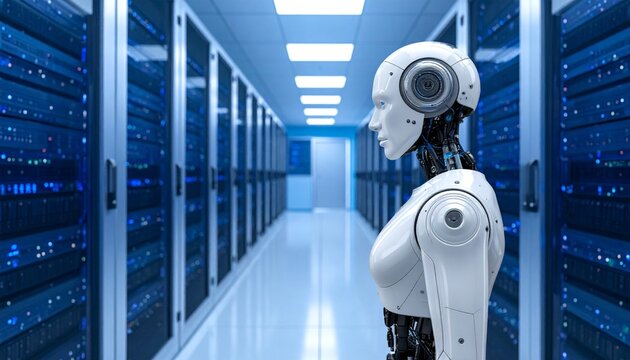 AI Robot in Server Room.