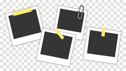 Vector illustration four blank instant photo frames with empty black space attached by paperclip and yellow tape on transparent background