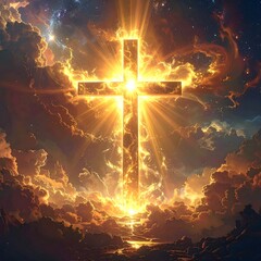 Illuminated cross with radiant light bursts amidst heavenly clouds