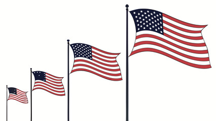 Fototapeta premium Vector illustration four waving american flags of different sizes on flagpole illustration