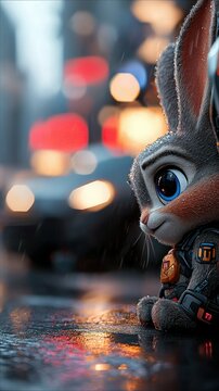 A sad-looking animated bunny cop stands in the rain on a city street. The background is blurred with street lights and traffic.