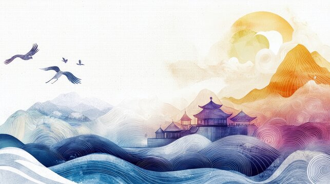 An artistic watercolor painting depicting an Asian landscape with stylized mountains, a traditional building, and birds flying in the sky under a sunset.