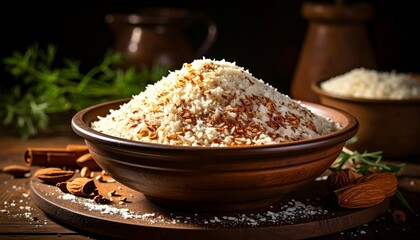 Close-up of a bowl filled with food; almonds, and cinnamon sticks are on the table
