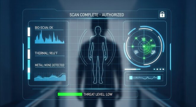 Futuristic security interface displays successful personnel screening results