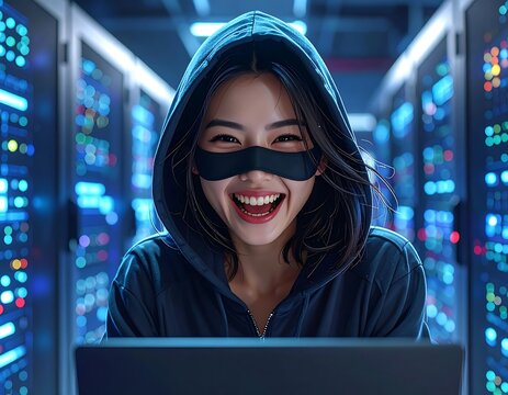 Smiling person in hoodie and mask in data center, working on laptop - Powered by Adobe