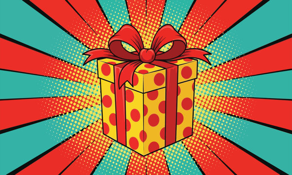Colorful pop art style illustration of a yellow gift box with a red ribbon and bow on a radial background